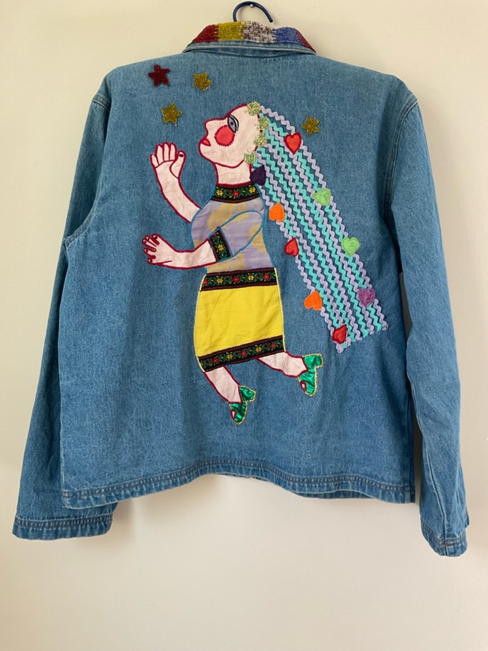 Chico's beaded Denim Jacket Colorful Embroidered Girl Appliqué 21” by 22”